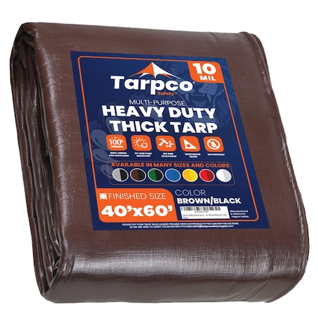 Tarpco Safety Heavy Duty Tarp, 40 ft x 60 ft, 10 Mil, Brown/Black, Polyethylene, Waterproof, Rip and Tear Proof TS-152-40X60